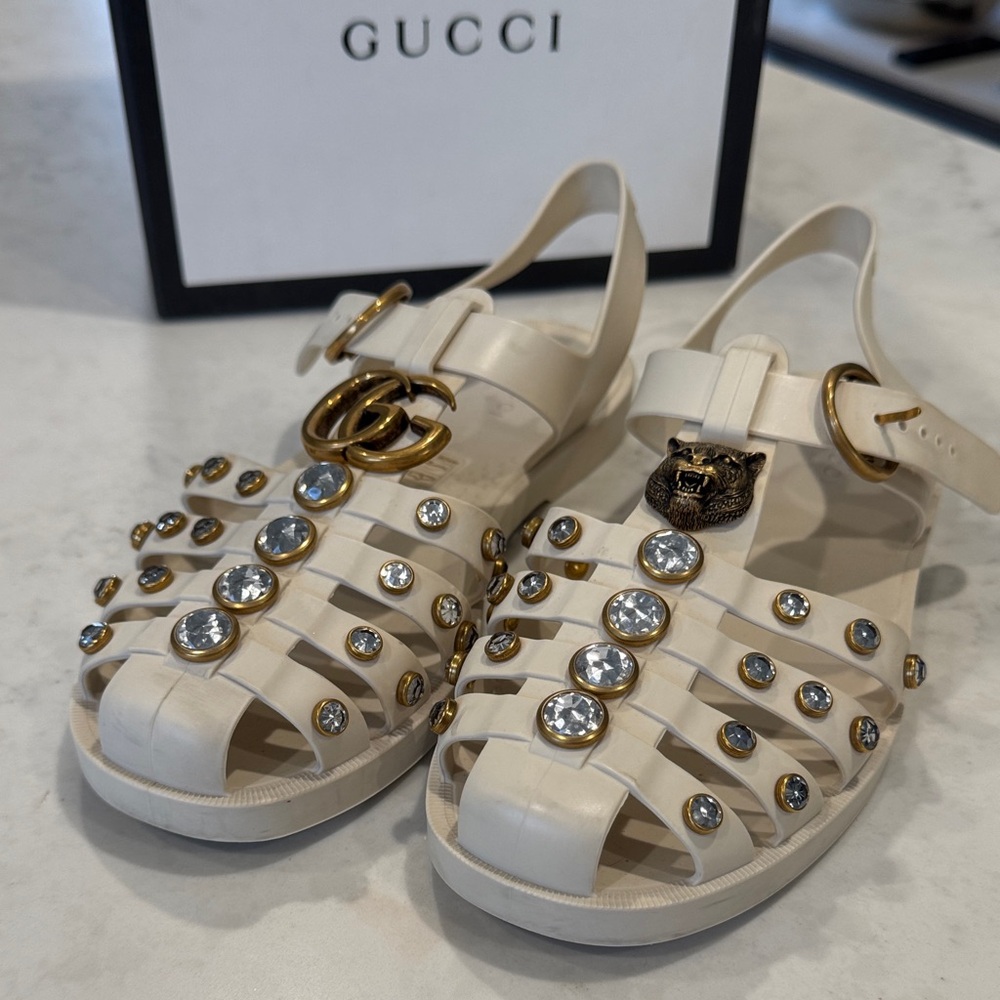 Gucci Women's Cream Sandals with Gold and Silver Details